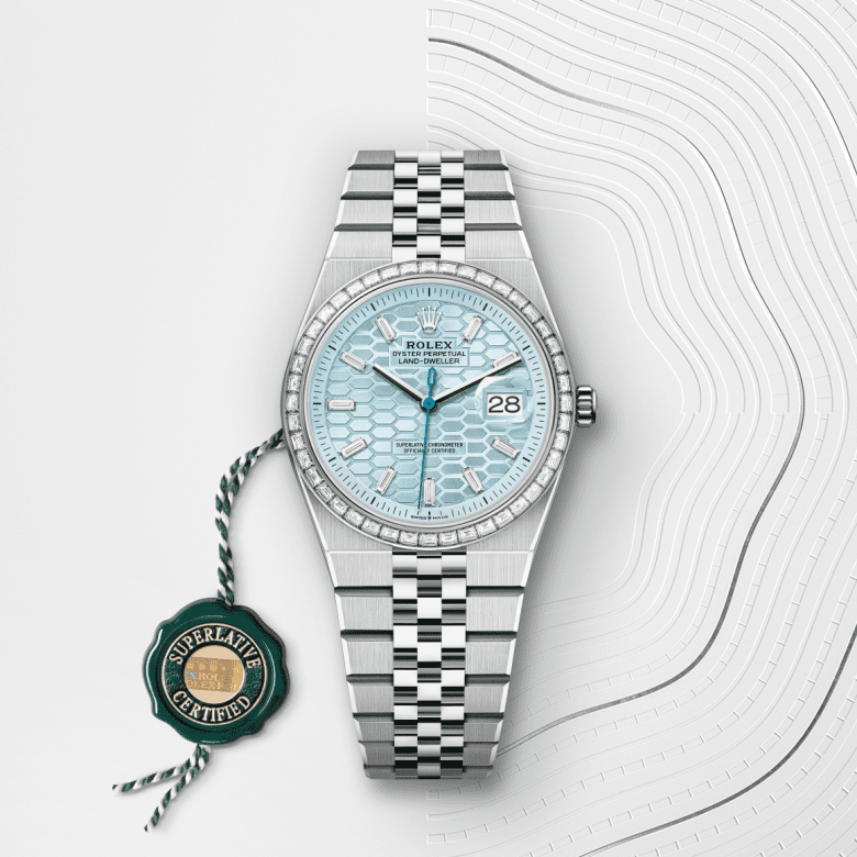 Rolex Land-Dweller 36, Oyster, 36 mm, platin og diamanter, M127286TBR-0001