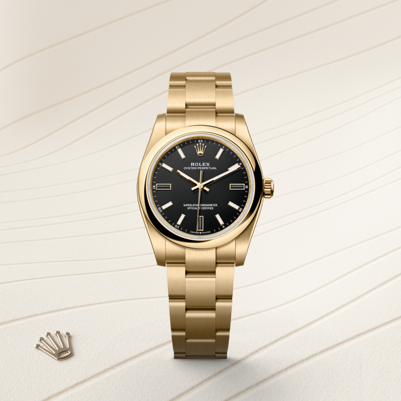 Rolex Oyster Perpetual 34, Oyster, 34 mm, gult guld, M124208-0001