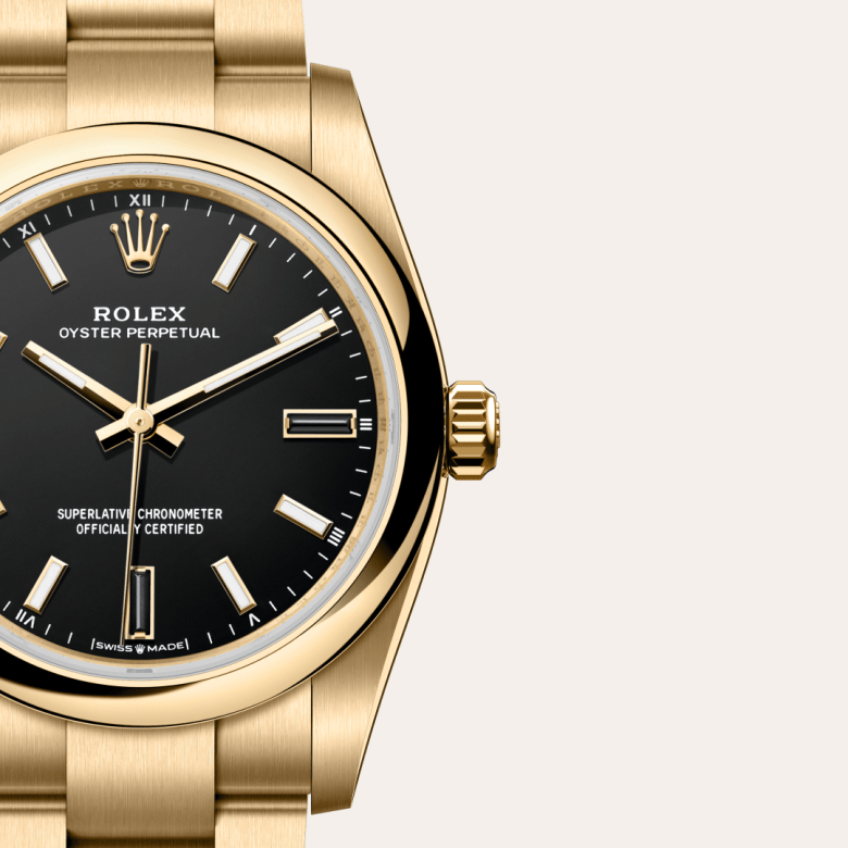 Rolex Oyster Perpetual 34, Oyster, 34 mm, gult guld, M124208-0001