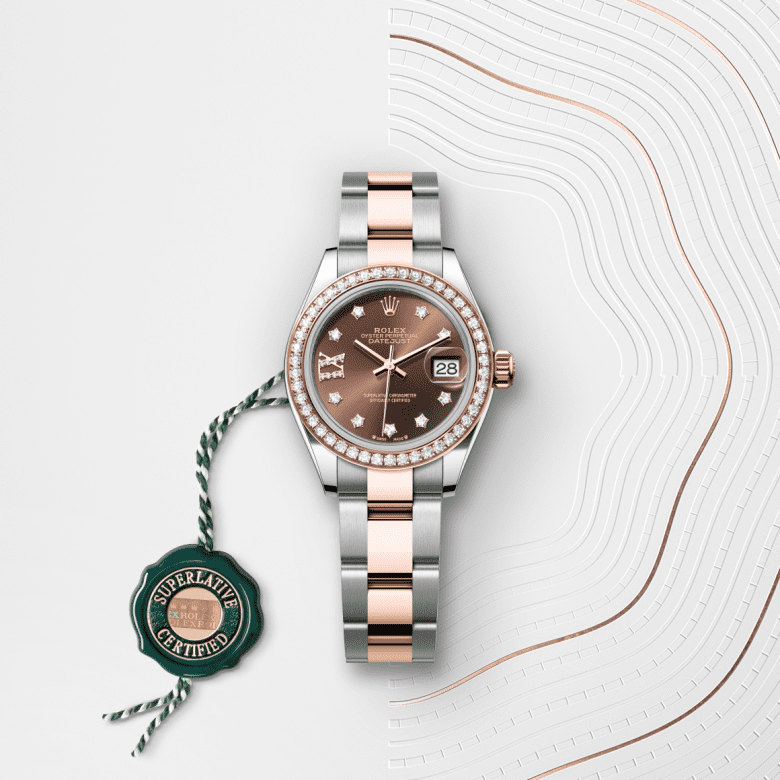 Rolex Lady-Datejust, Oyster, 28 mm, Oystersteel, Everose guld og diamanter, M279381RBR-0004
